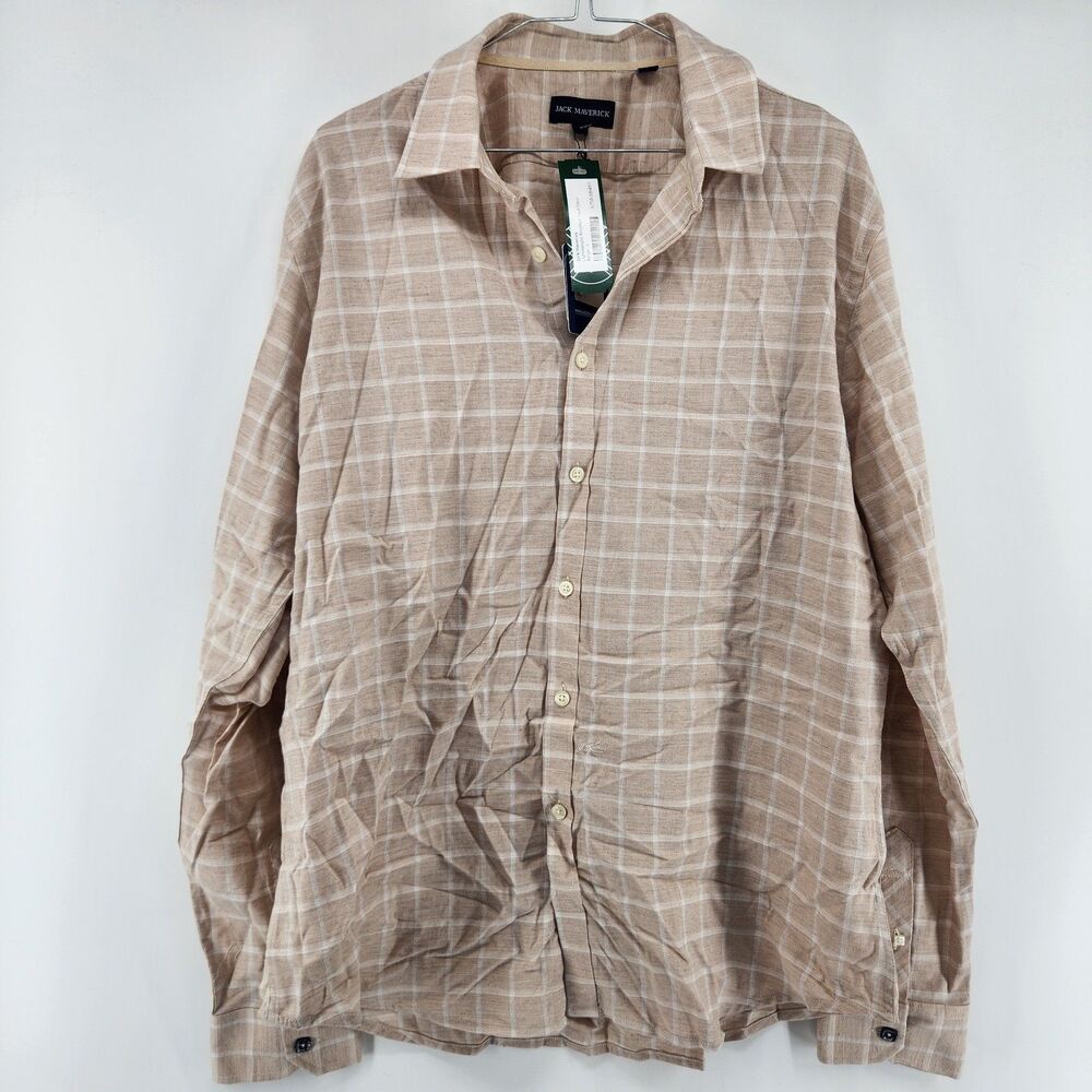 Jack Maverick Men's Beige Large Lightweight Brushed Twill Shirt‎ NWT 100% Cotton